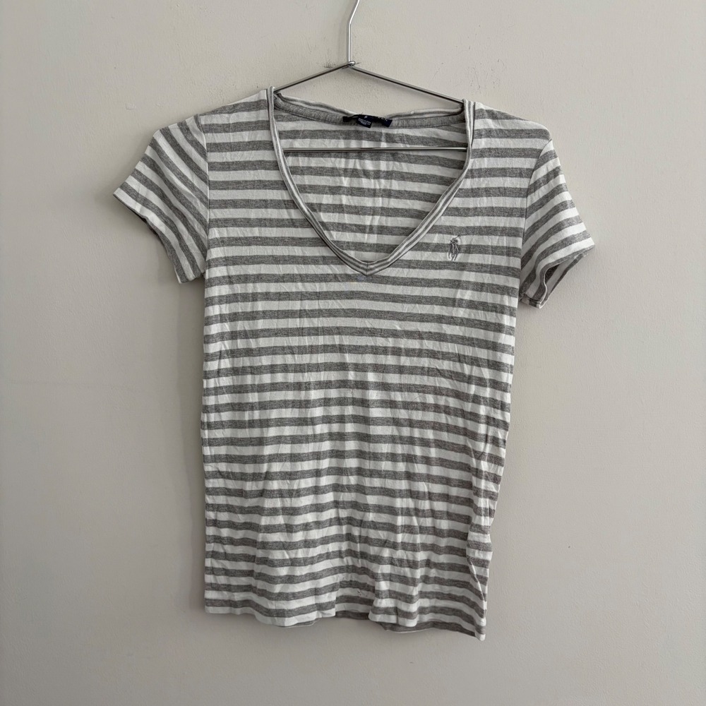 Ralph Lauren Womens V-Neck Striped Short Sleeve T-Shirt Gray White Small